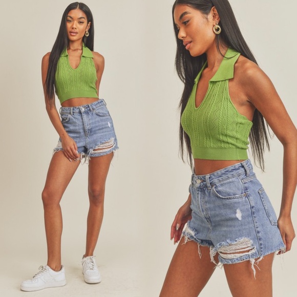 Collared v neckline cable knit halter top - Picture 3 of 10